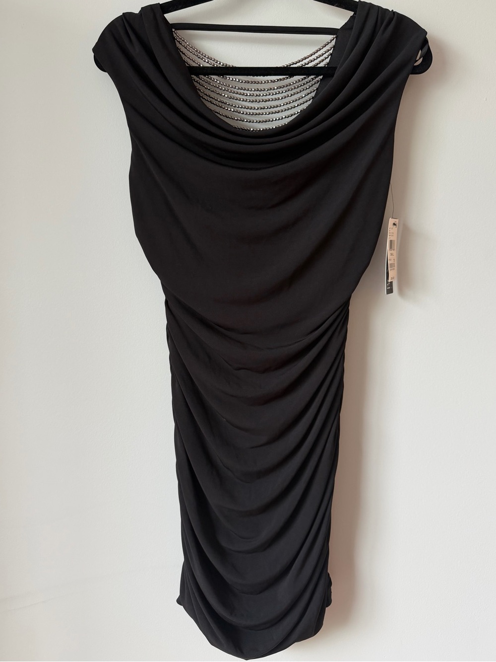 BCX Black Draped Midi Dress with Chain-Detail Back
